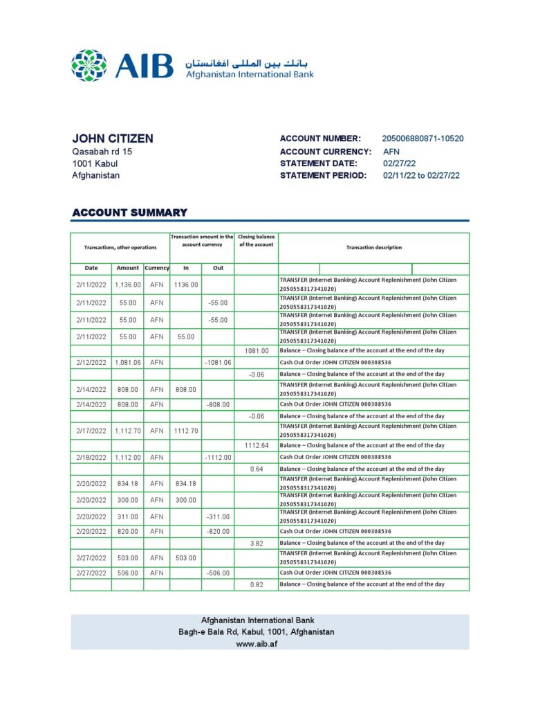 Afghanistan International Bank (AIB) bank statement template in Excel and PDF format