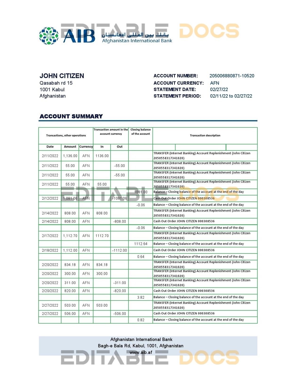 Afghanistan International Bank (AIB) bank statement template in Excel and PDF format
