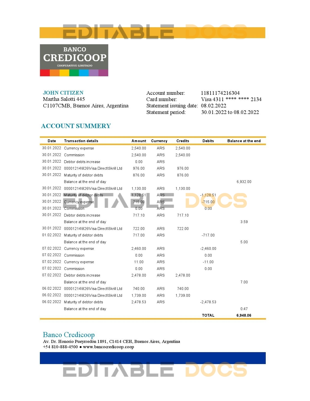 Argentina Banco Credicoop bank statement template in Excel and PDF format