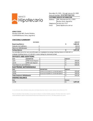 Argentina Banco Hipotecario bank statement template in Excel and PDF format