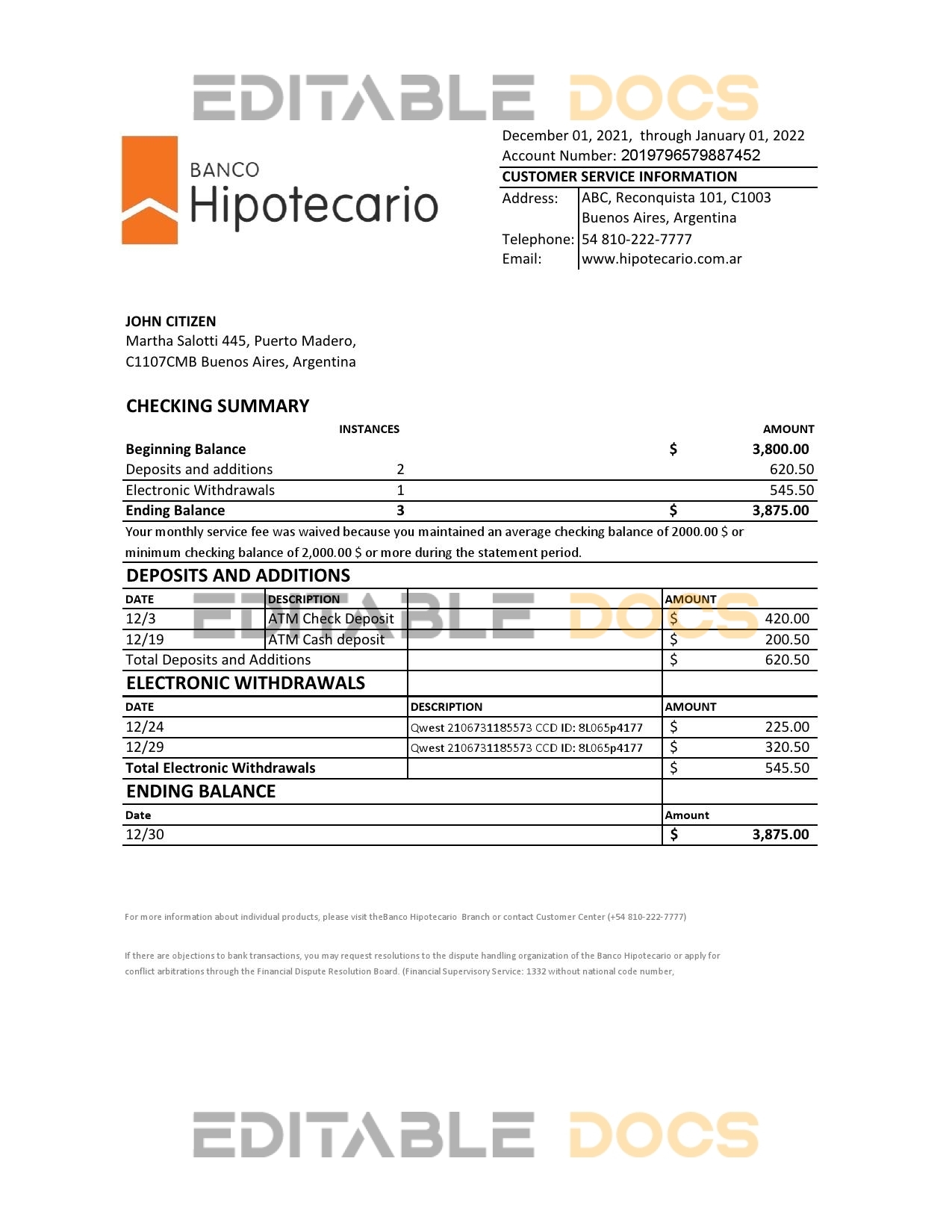 Argentina Banco Hipotecario bank statement template in Excel and PDF format