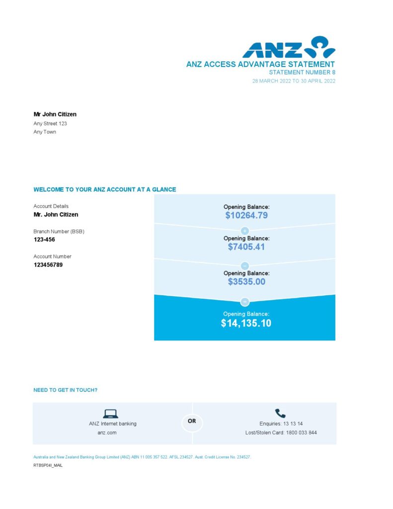 Australia ANZ bank statement easy to fill template in Excel and PDF format, 2 pages 1
