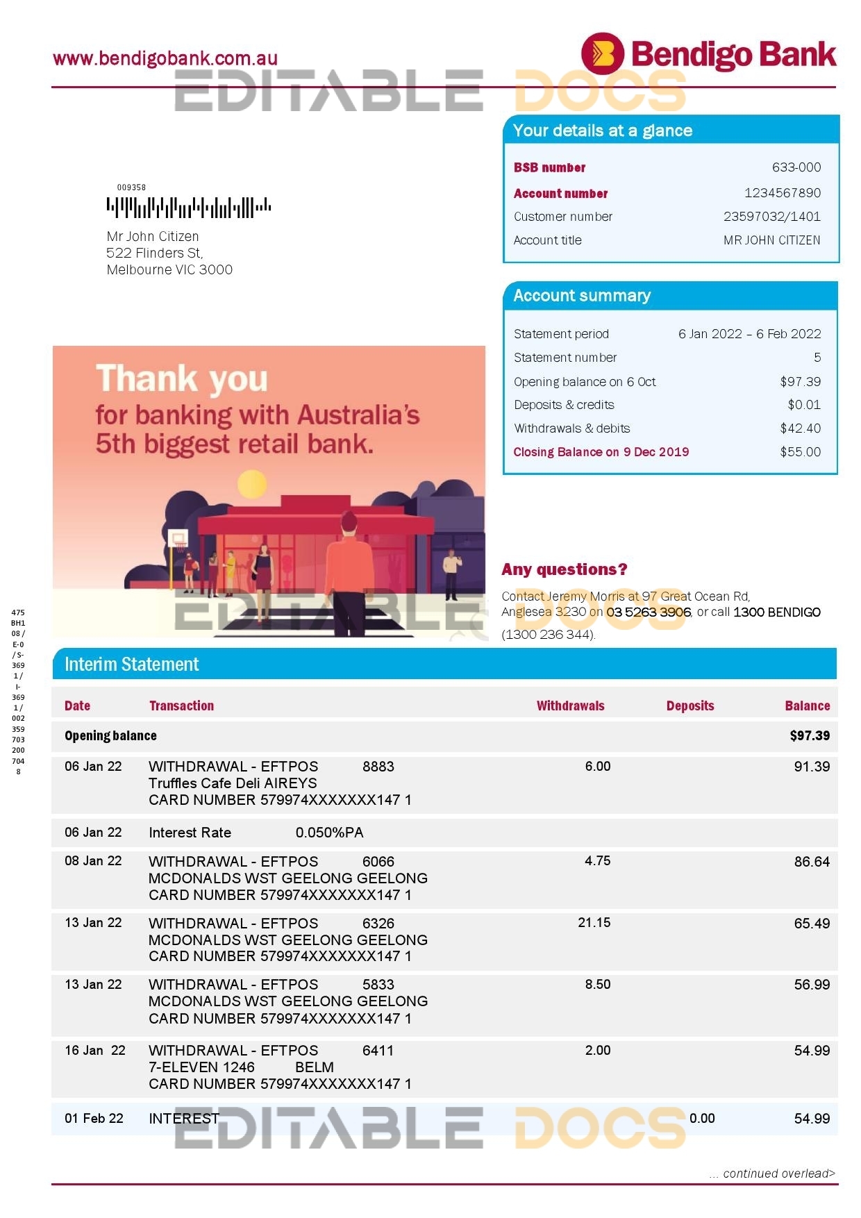 Australia Bendigo bank statement Word and PDF template, 2 pages