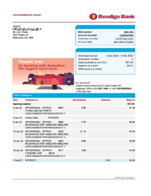 Australia Editable Template 5 Australia Bendigo bank statement easy to fill template in Excel and PDF format, 2 pages