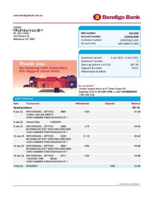 Australia Bendigo bank statement easy to fill template in Excel and PDF format, 2 pages