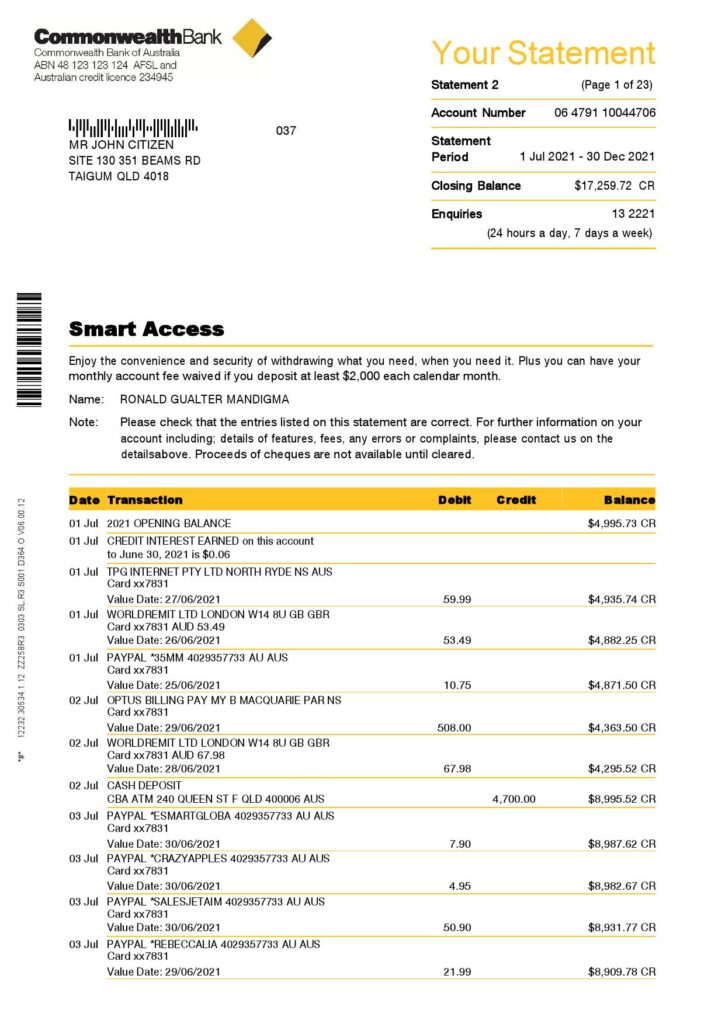 Australia Commonwealth bank statement template in Word and PDF format
