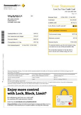 Australia Commonwealth bank statement, Word and PDF template, 3 pages