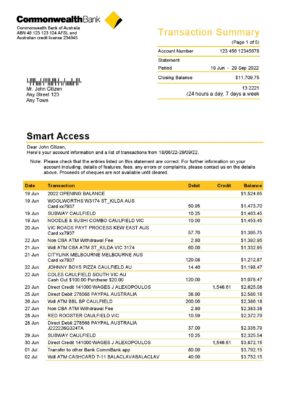 Australia Commonwealth bank statement, Word and PDF template, 5 pages