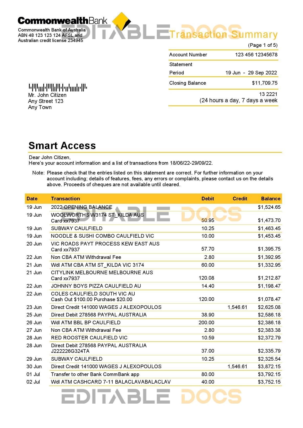 Australia Commonwealth bank statement, Word and PDF template, 5 pages