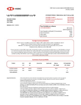 Australia HSBC bank statement easy to fill template in Excel and PDF format, version 2