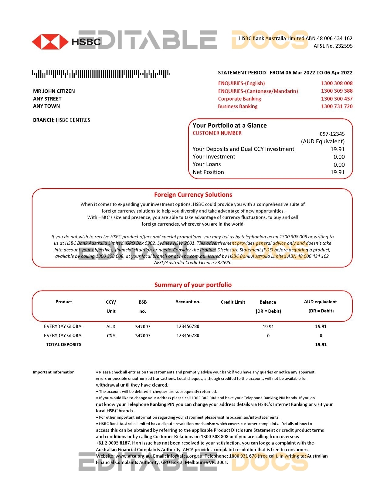 Australia HSBC bank statement easy to fill template in Excel and PDF format, version 2
