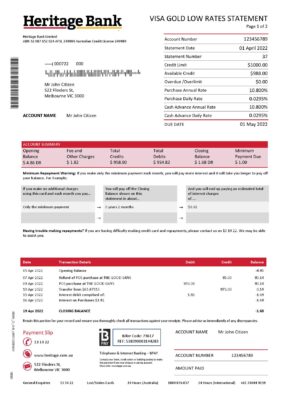Australia Heritage bank statement Word and PDF template, 2 pages
