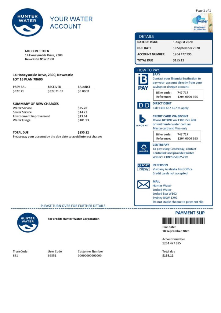 Australia Hunter Water utility bill template in Word and PDF format