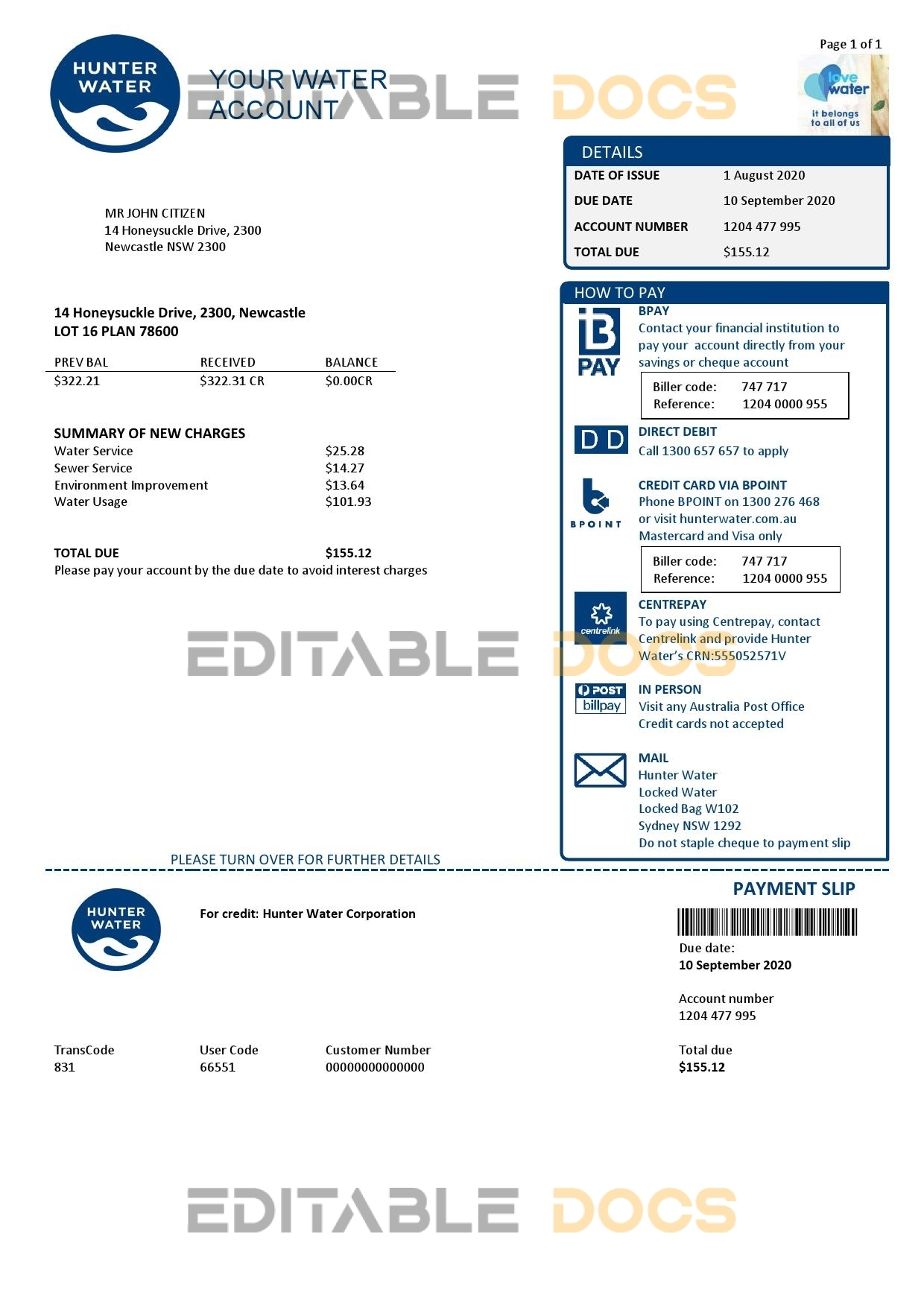 Australia Hunter Water utility bill template in Word and PDF format
