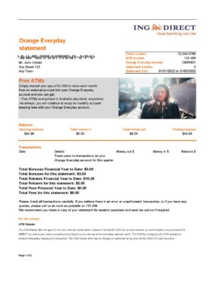 Australia ING Direct bank statement, Excel and PDF template, 2 pages