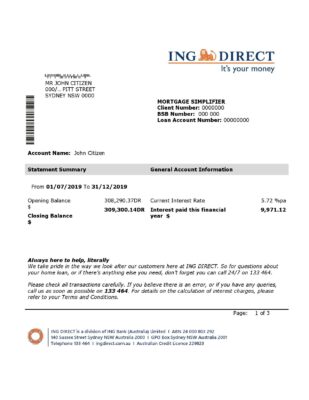 Australia ING Direct bank statement easy to fill template in Word and PDF format