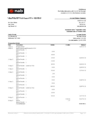Australia NAB bank statement, Excel and PDF template, 2 pages