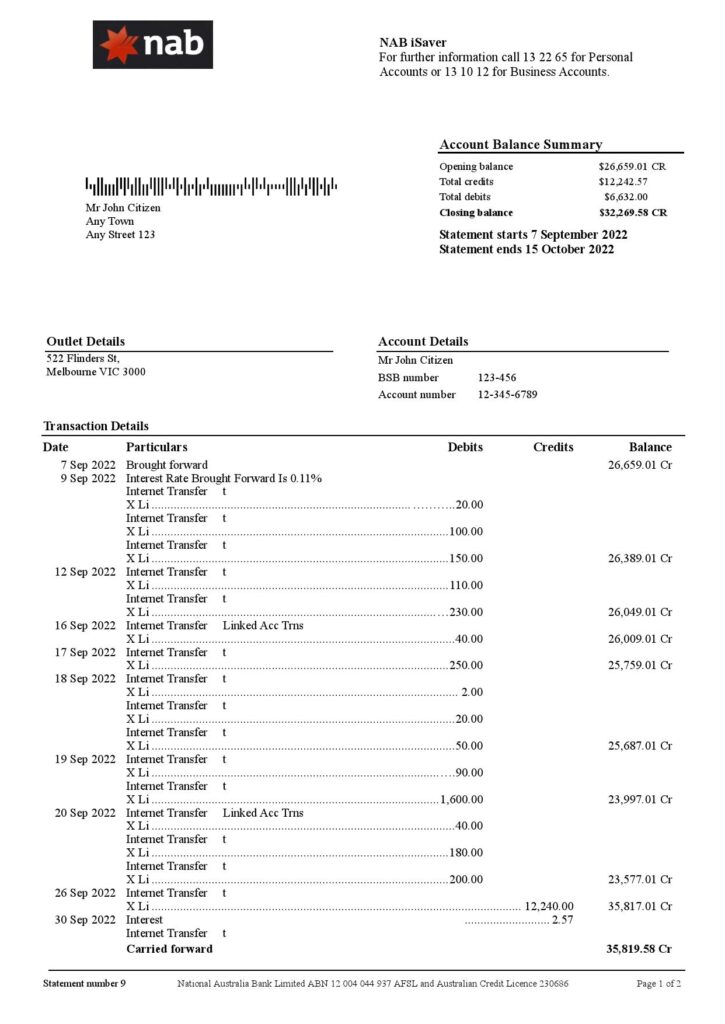 Australia NAB bank statement Word and PDF template, 2 pages