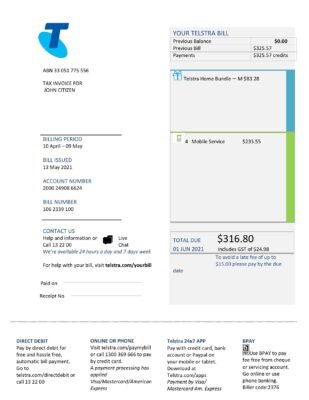 Australia Telstra telecommunications utility bill template in Word and PDF format