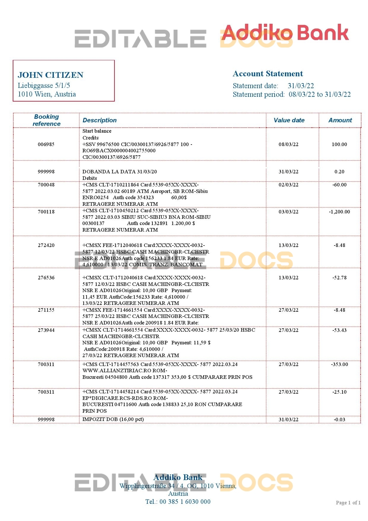 Austria Addiko bank statement template in Word and PDF format