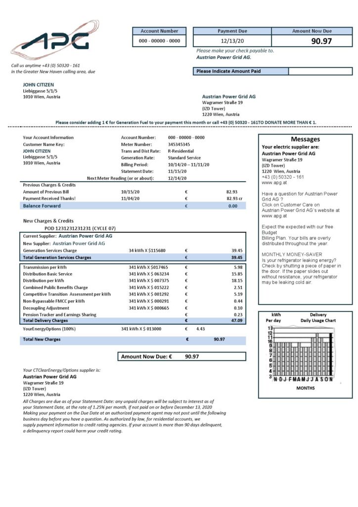 Austria Austrian Power Grid AG utility bill template in Word and PDF format