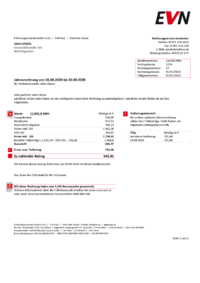 Austria EVN electricity utility bill template in Word and PDF format, language German (5 pages)4