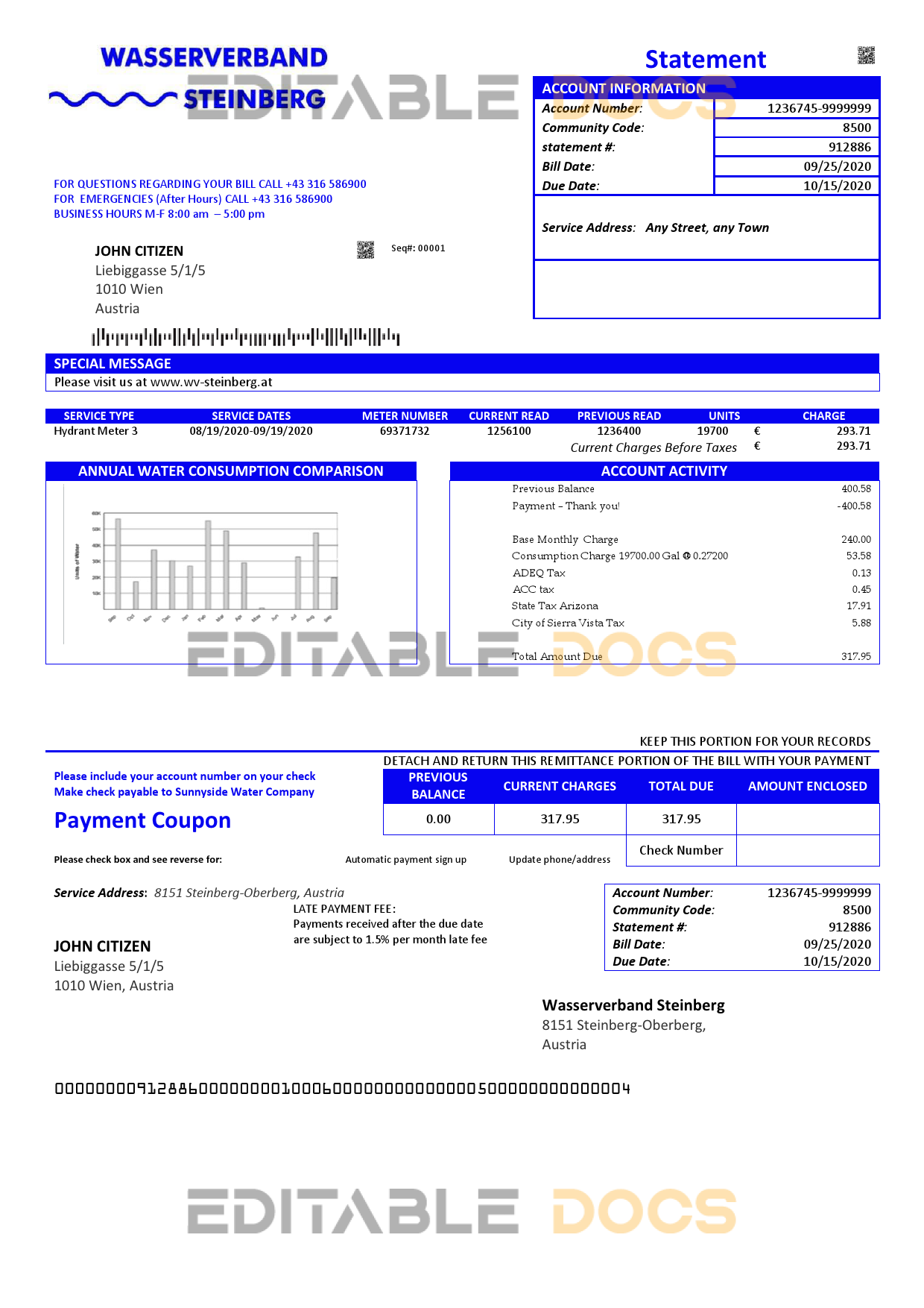 Austria Wasserveband Steinberg waterr utility bill template in Word and PDF format