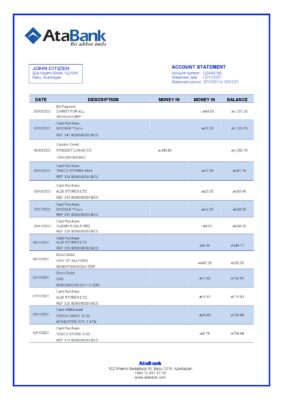 Azerbaijan Atabank bank statement template in Word and PDF format