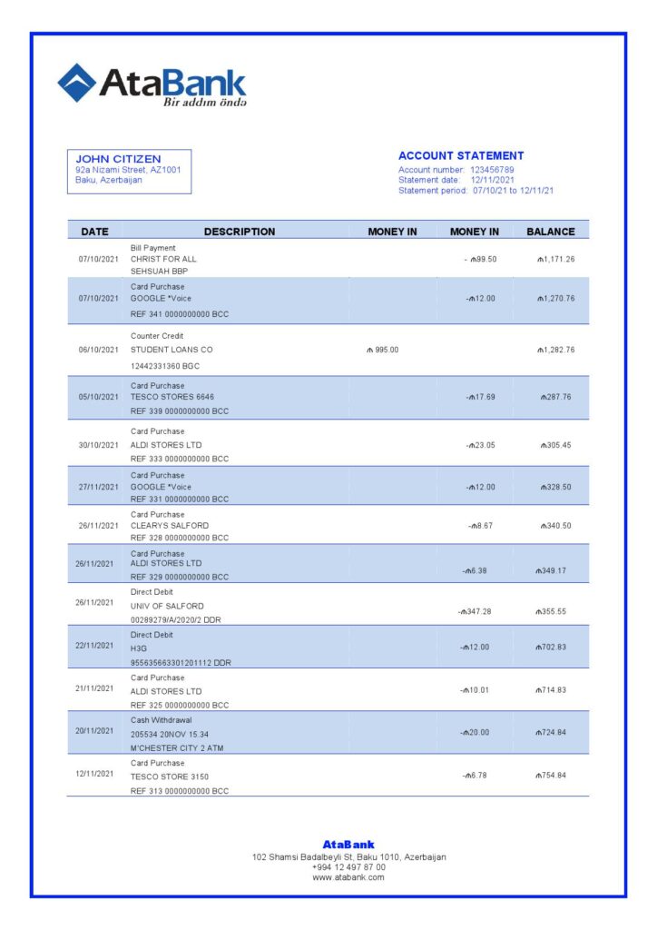 Azerbaijan Atabank bank statement template in Word and PDF format