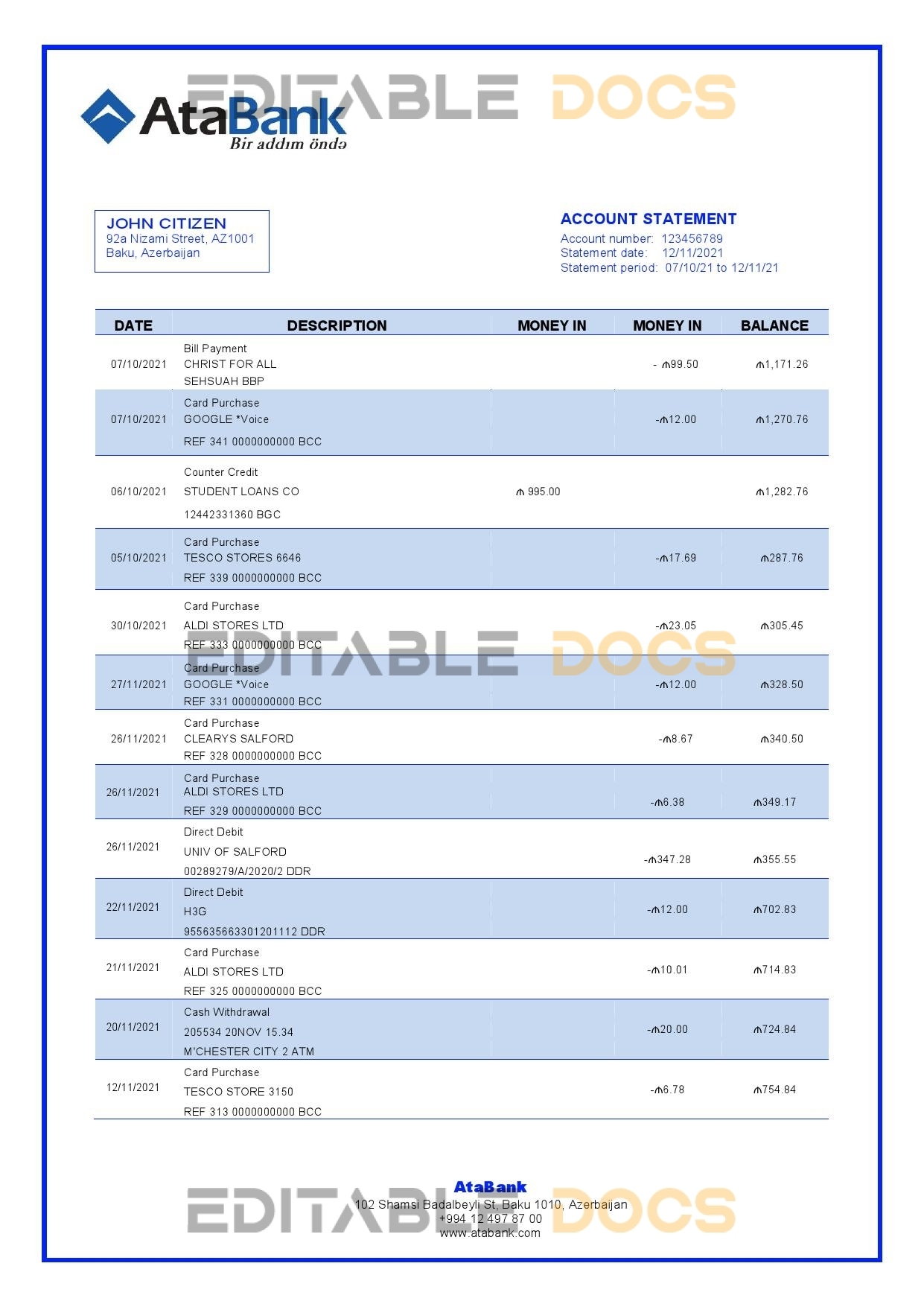 Azerbaijan Atabank bank statement template in Word and PDF format