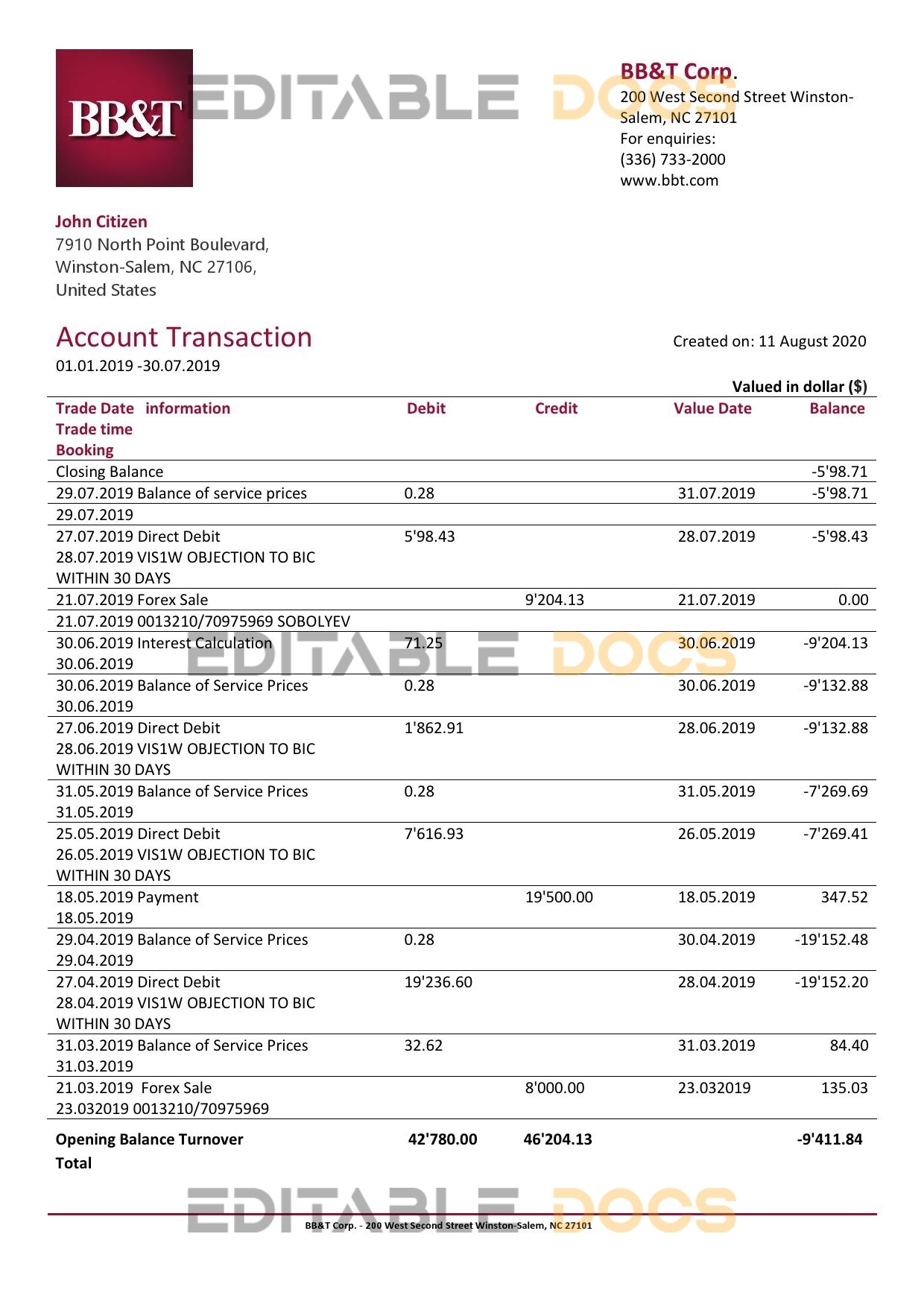 USA BB&T Corp. bank statement template in Word and PDF format