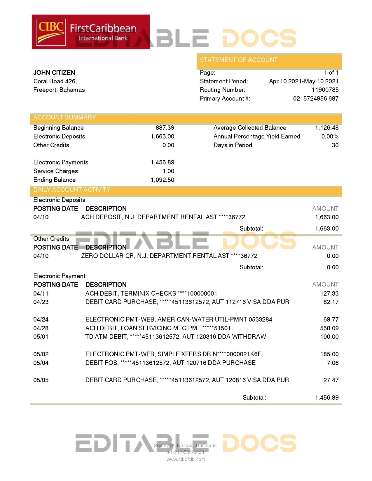 Bahamas FirstCaribbean International Bank (CIBC) bank statement template in Word and PDF format