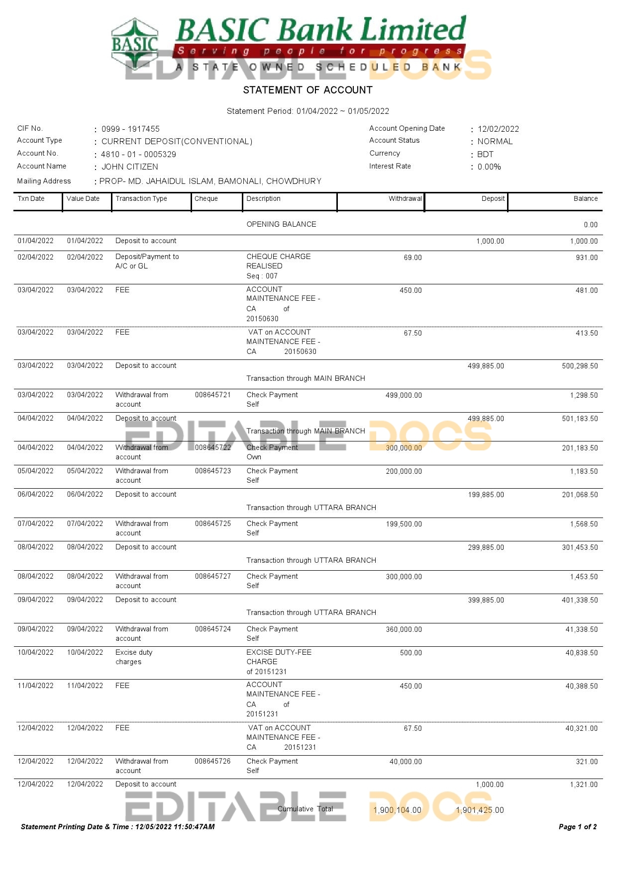 Bangladesh Basic bank statement Word and PDF template, 2 pages