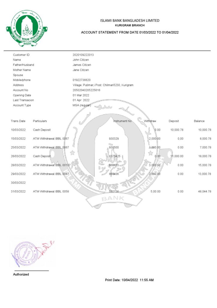 Bangladesh Islami bank statement, Word and PDF template