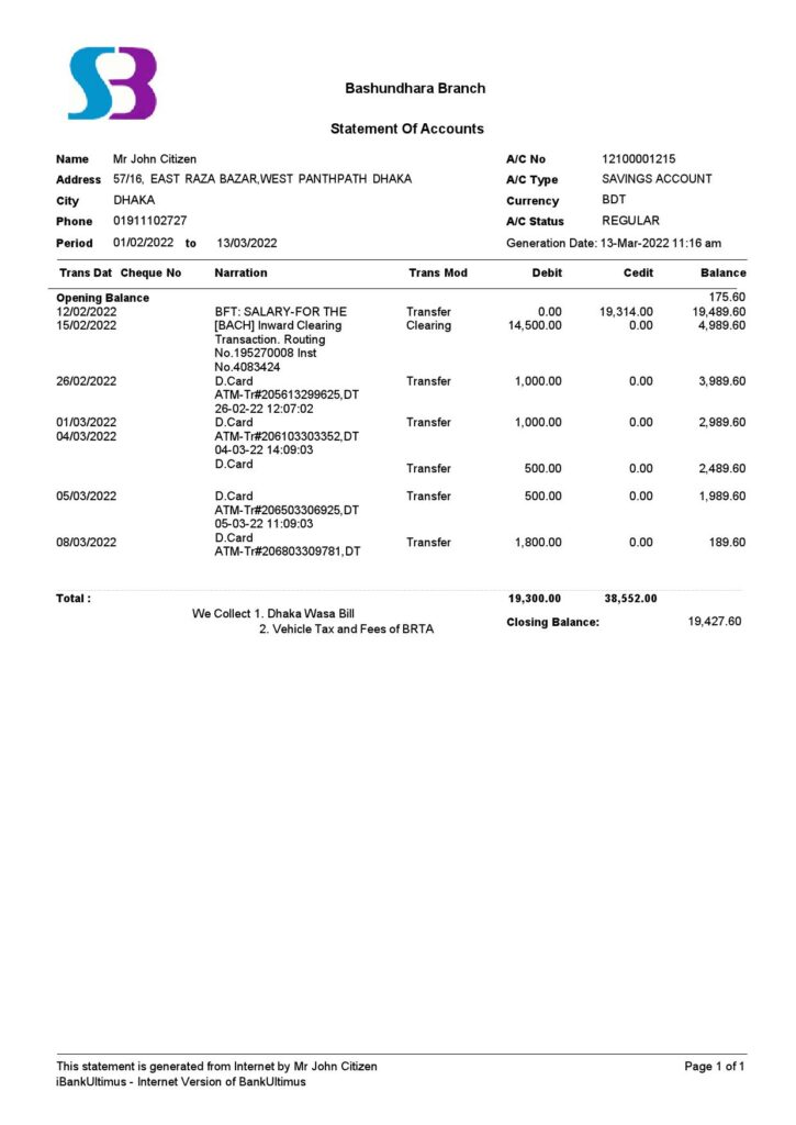 Bangladesh SB bank statement, Word and PDF template