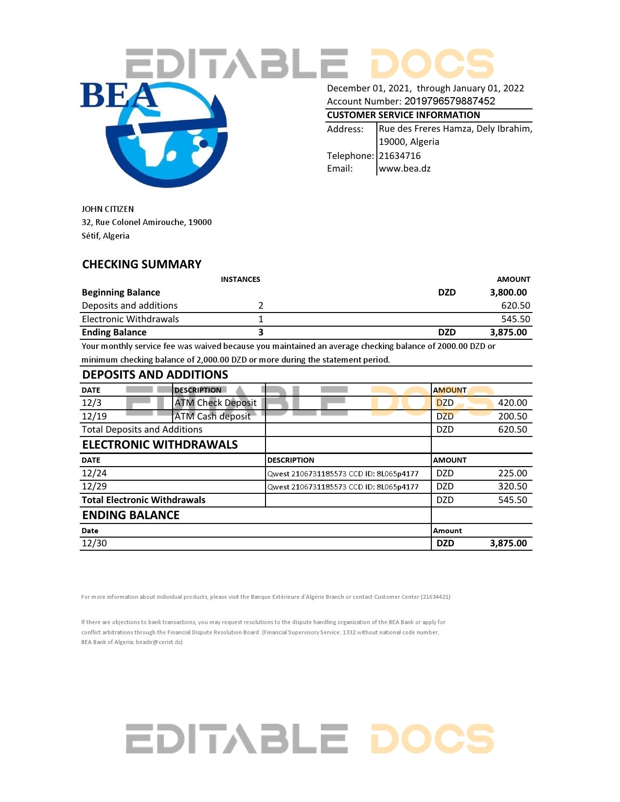 Algeria Banque extérieure d’Algérie bank statement template in Excel and PDF format