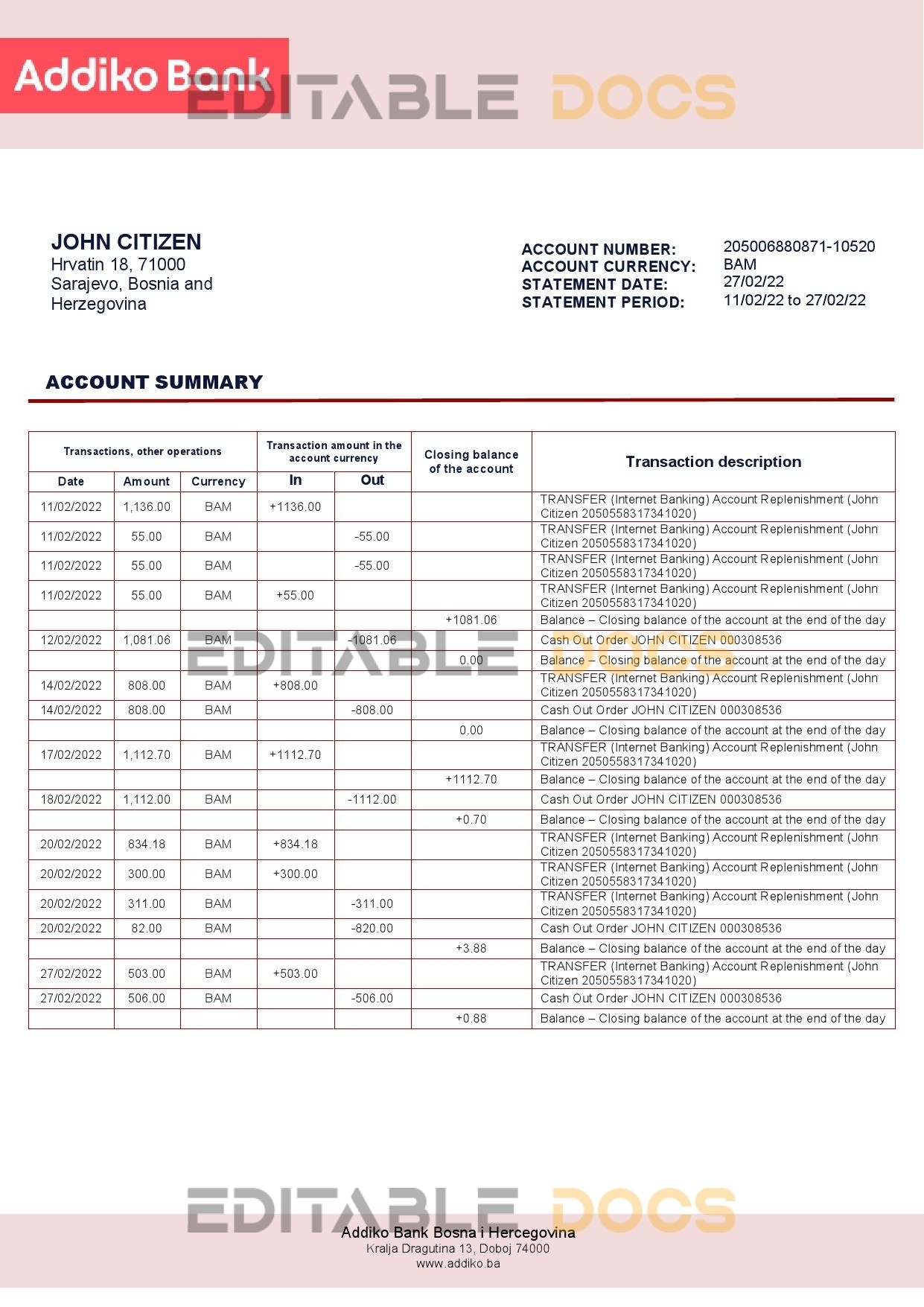 Bosnia and Herzegovina Addiko bank statement template in Word and PDF format