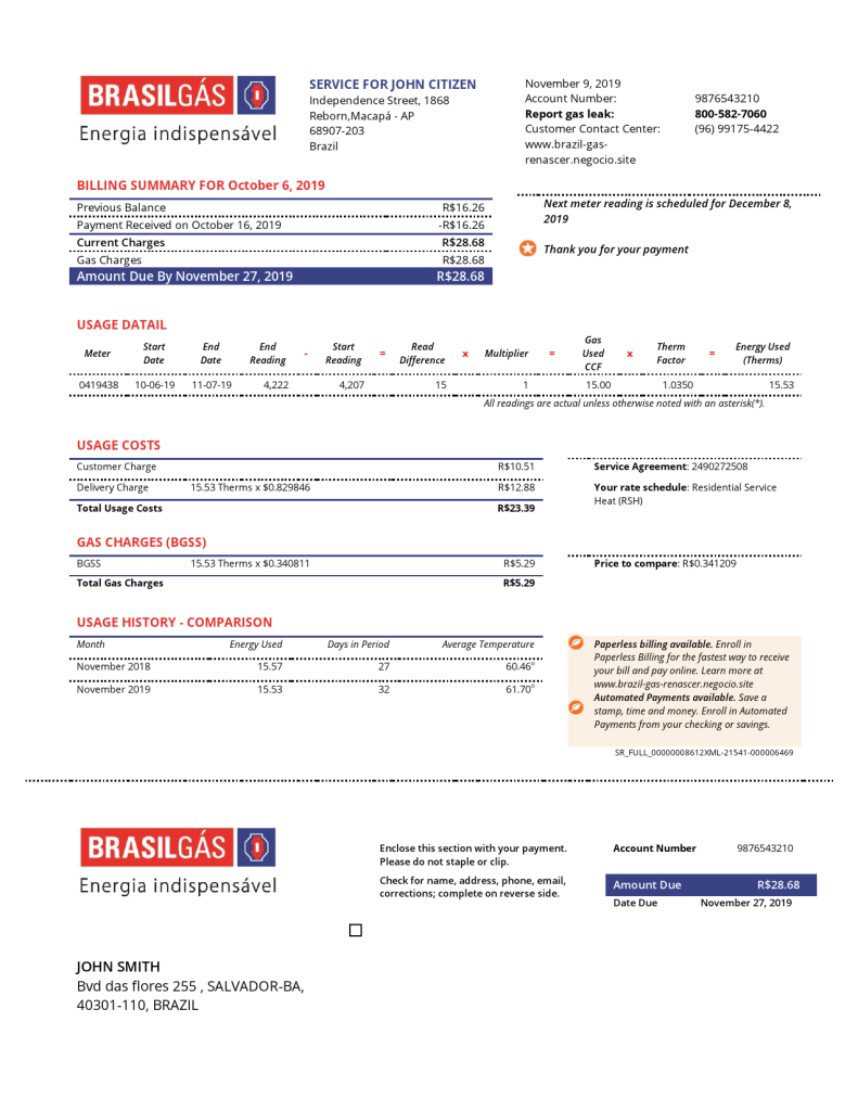 Brazil Gas utility bill template in Word and PDF format