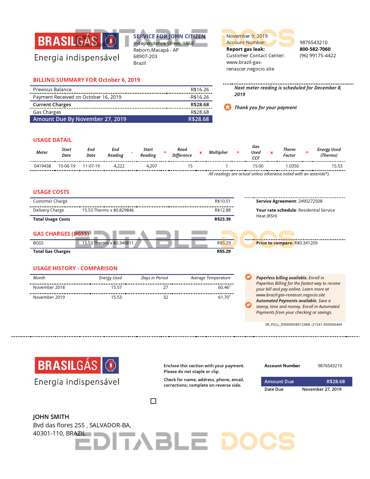Brazil Gas utility bill template in Word and PDF format