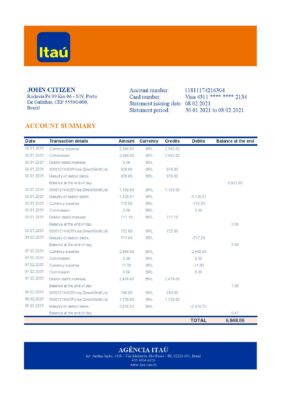 Brazil Itau bank statement template in Excel and PDF format, fully editable