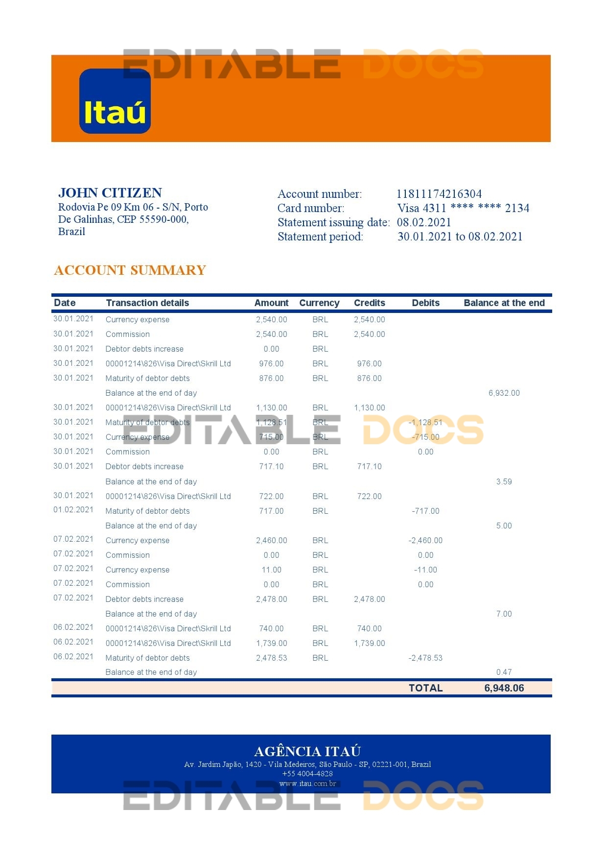 Brazil Itau bank statement template in Excel and PDF format, fully editable