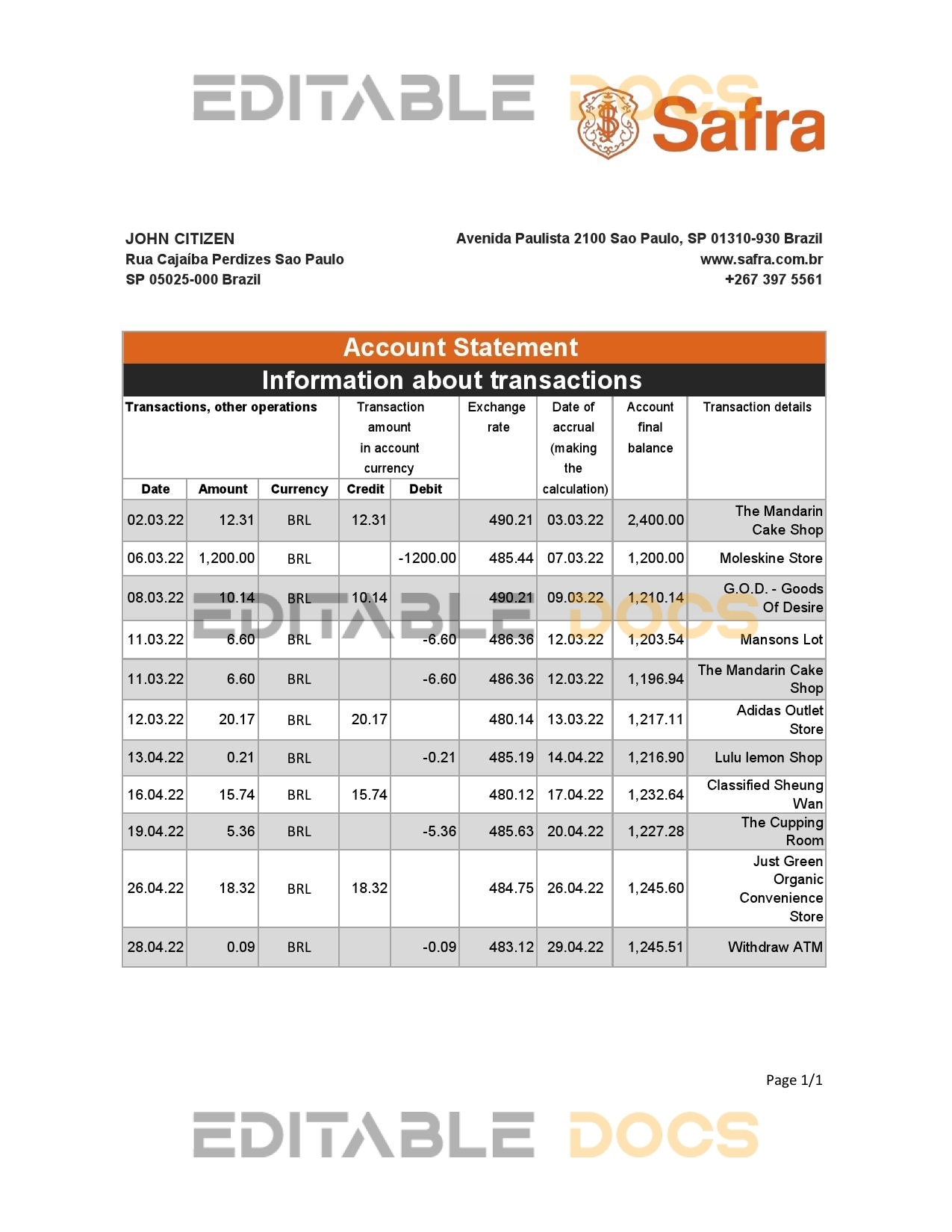 Brazil Safra bank statement template in Excel and PDF format