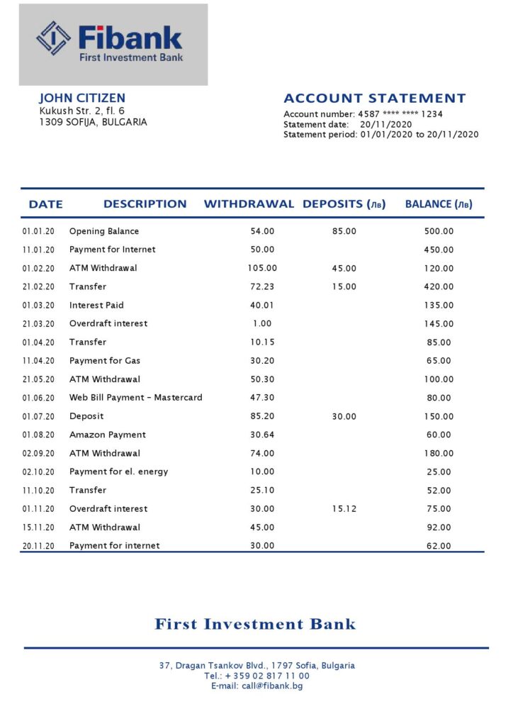 Bulgaria Fibank bank statement template in Word and PDF format