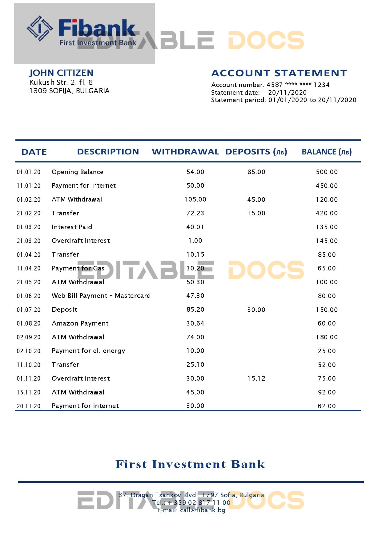 Bulgaria Fibank bank statement template in Word and PDF format
