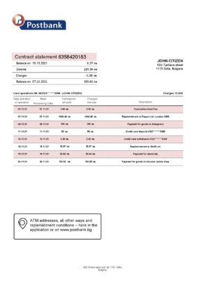 Bulgaria Postbank bank proof of addres statement template in Word and PDF format