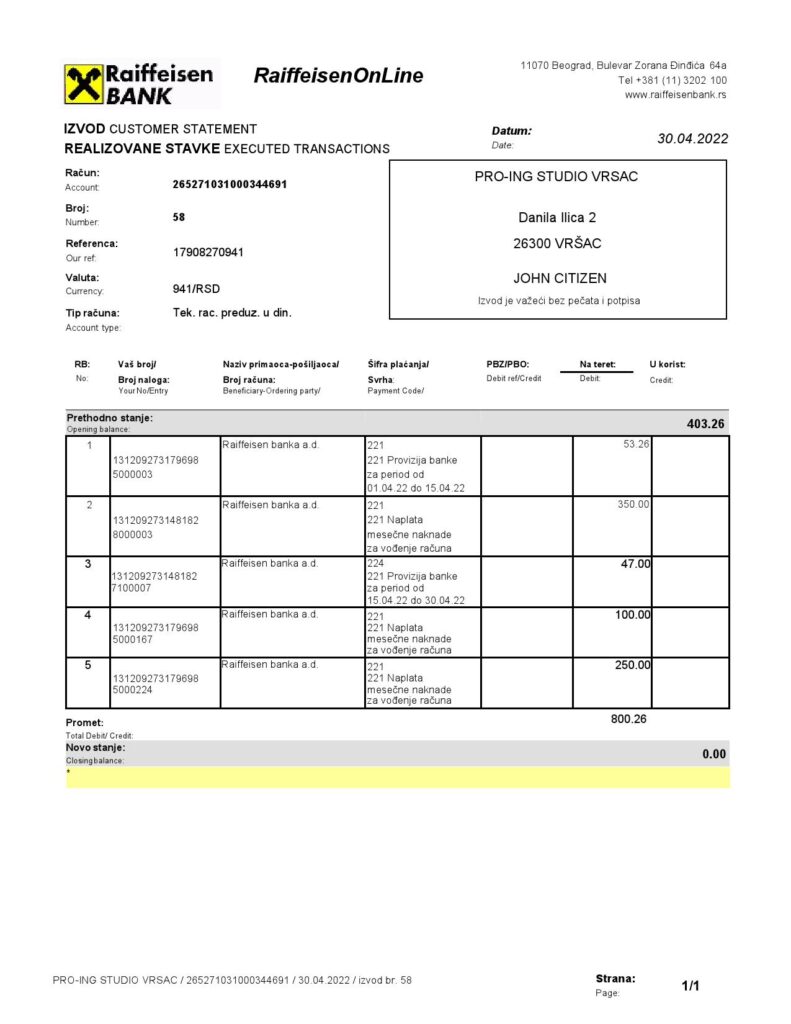 Bulgaria Raiffeisen bank statement, Word and PDF template