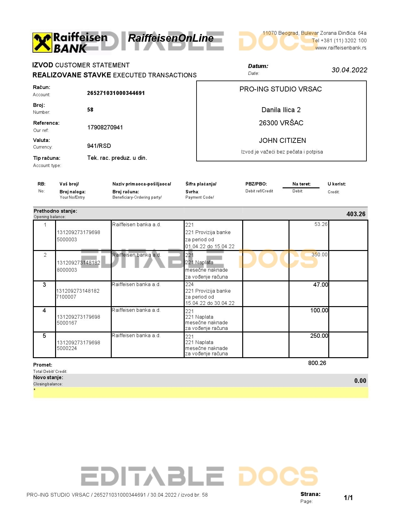 Bulgaria Raiffeisen bank statement, Word and PDF template