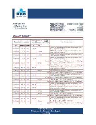 Bulgaria UBB bank statement template in Excel and PDF format
