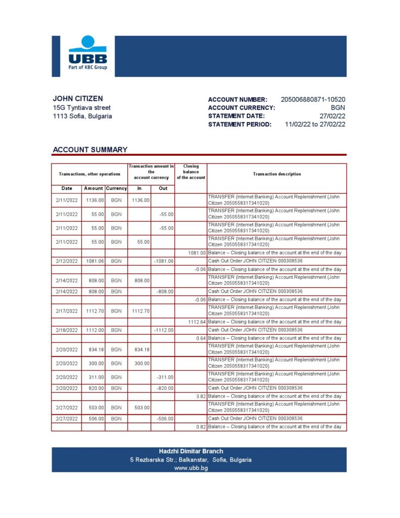 Bulgaria UBB bank statement template in Excel and PDF format