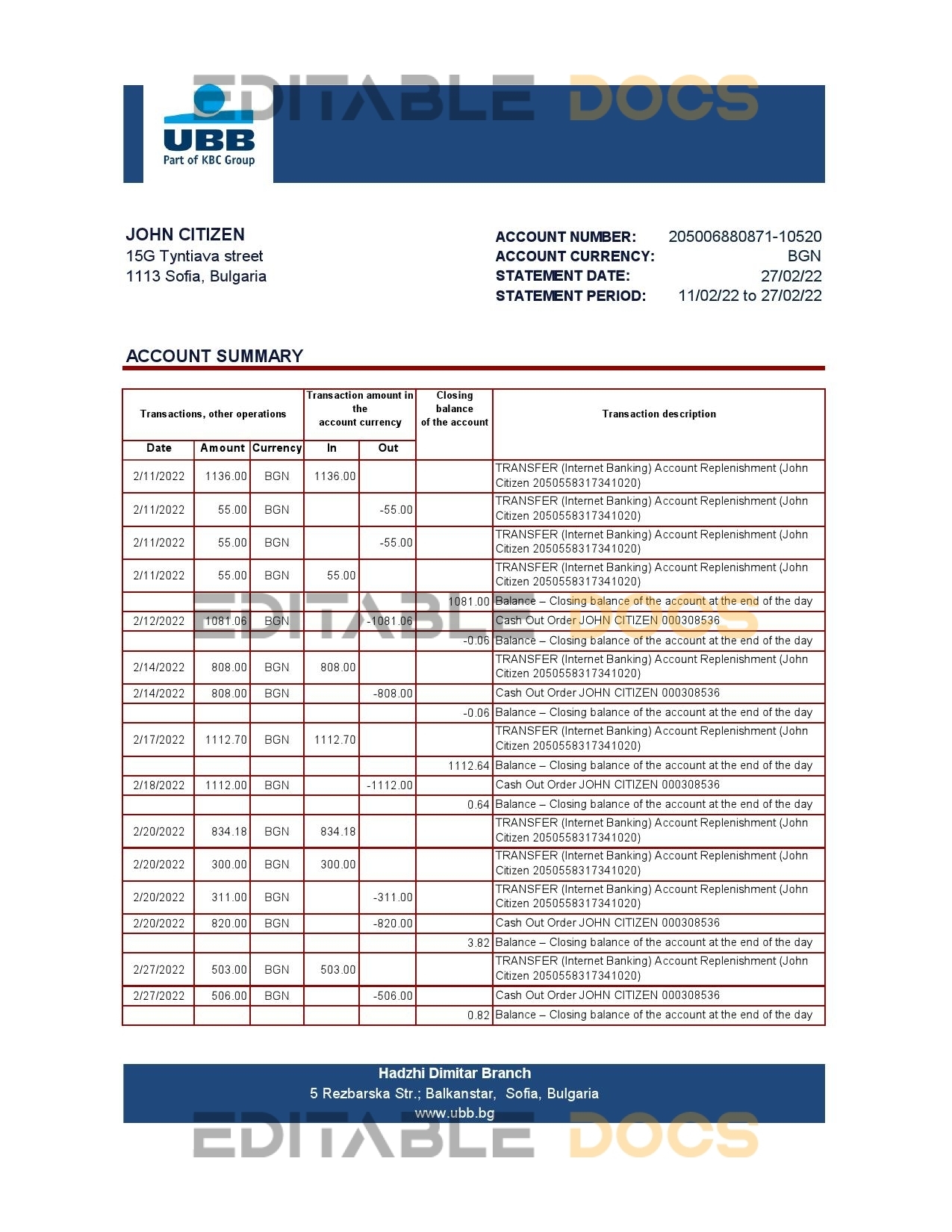 Bulgaria UBB bank statement template in Excel and PDF format